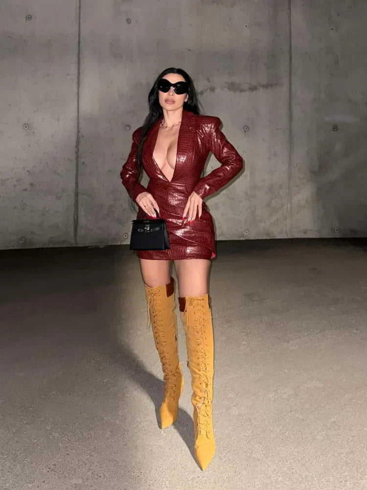Women Sexy Deep V Red Lattice Leather Mini Dress Fashion Long Sleeve High Waist Fold Slim Dresses Lady Highstreet Short Robe