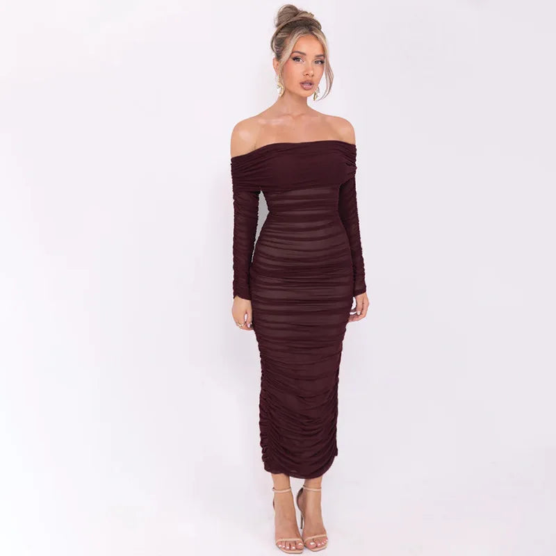 Off - shoulder Slash Neck Solid Maxi Dress