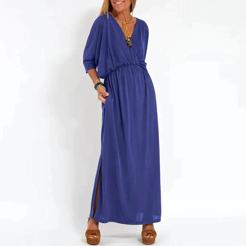 Guadalupe Exclusive Long Vintage Dress with Side Slit and High Waist Hen Chic Silhouette Collection