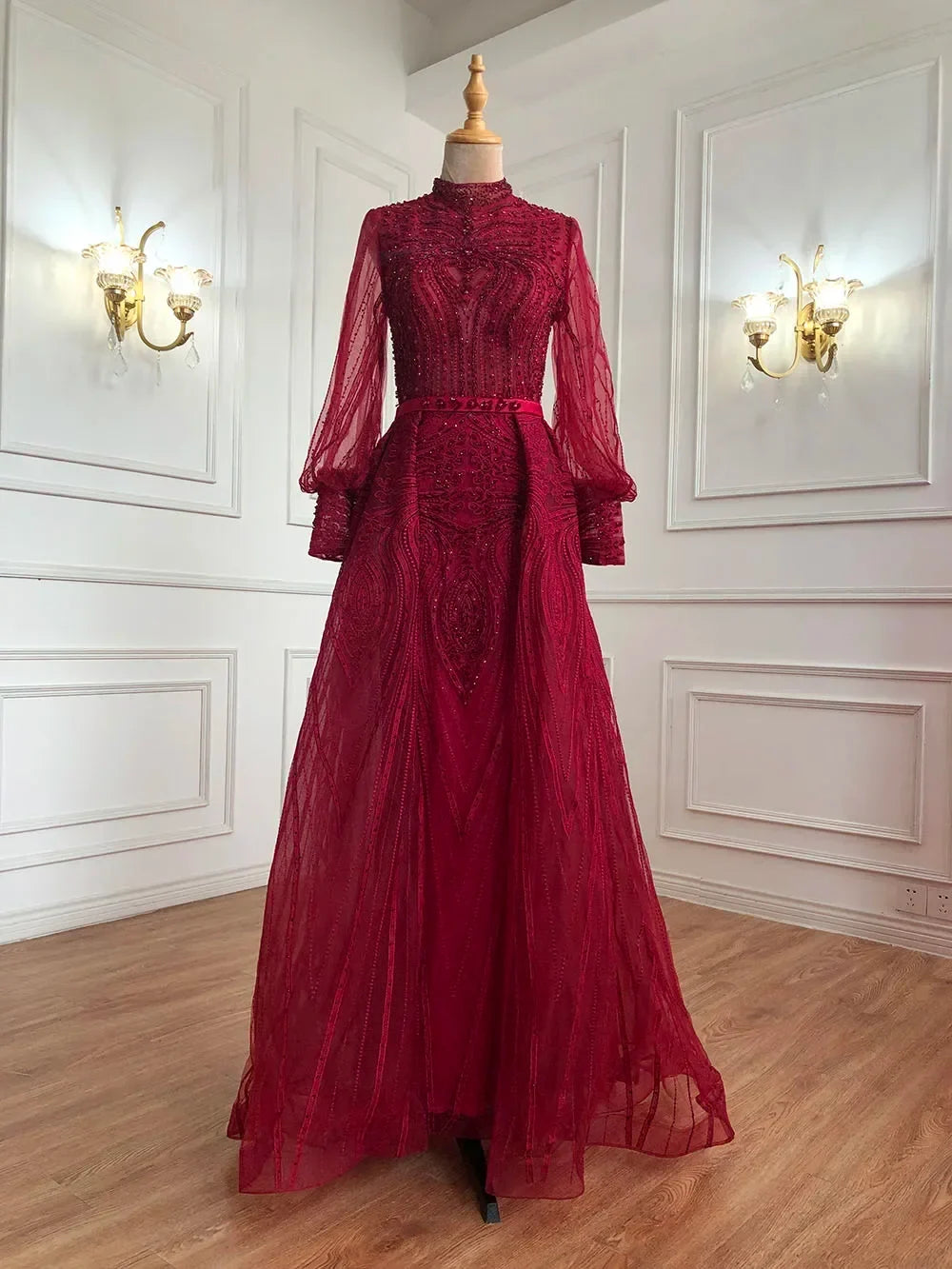 Zapdress Customized Wine Red Long Sleeves Overskirt Evening Dresses 2024 Muslim Party Gowns For Women Plus Size (ZD17306)