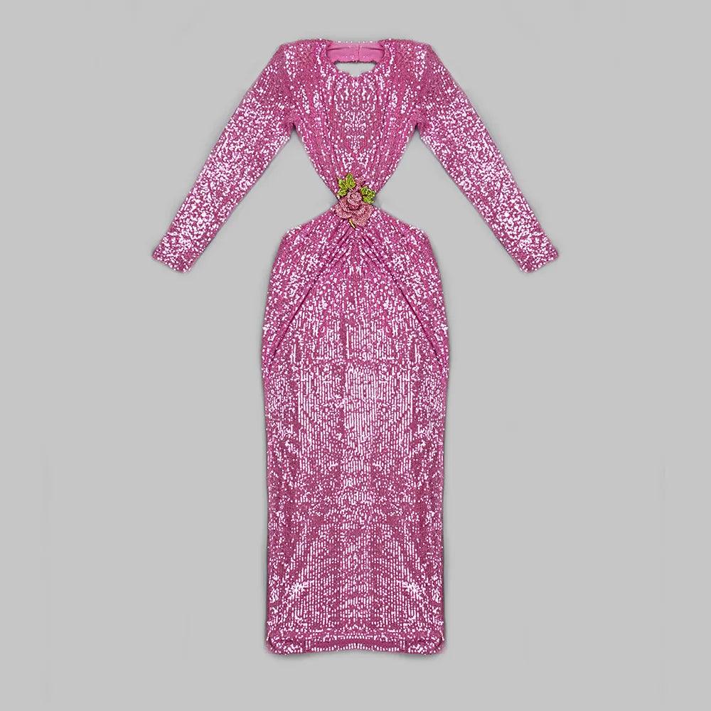 Climb To New Heights Long Sleeve Cutout Sequin Maxi Dress