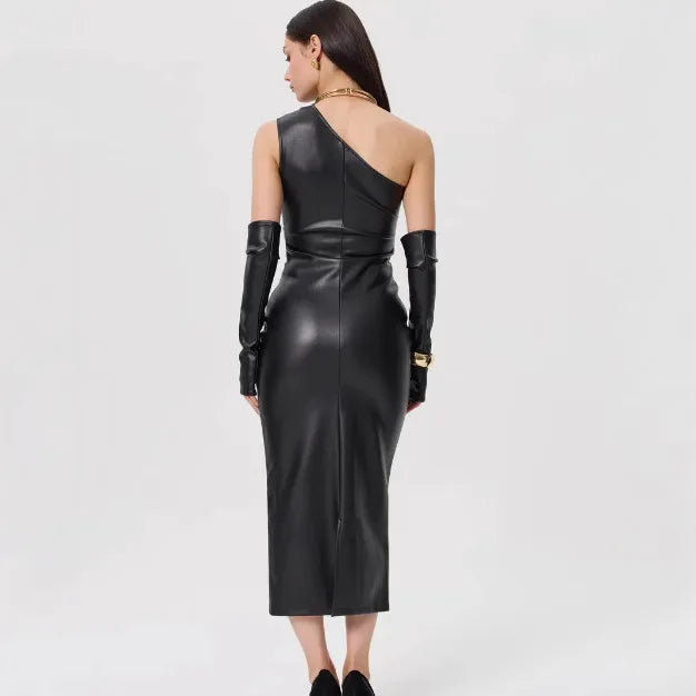 Off - Shoulder Strapless Faux Leather Patchwork Dress