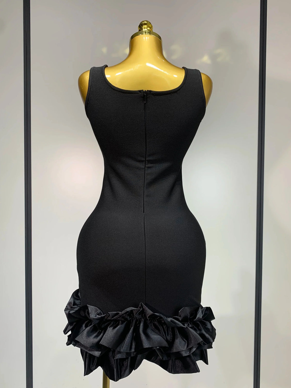 Women Spaghetti Strap Bodycon Short Dress Black Pleated Ruffle Hem Sleeveless Evening Party Cocktail Elegant Birthday Dresses - View 3 | VelvetHem