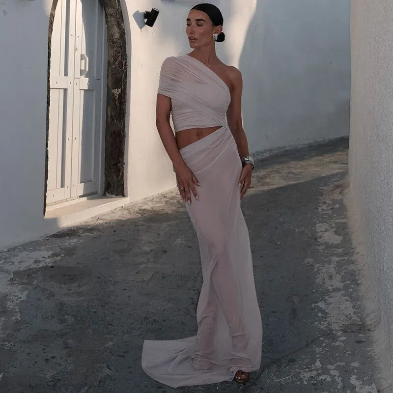 Mesh Backless One - Shoulder Long Dress