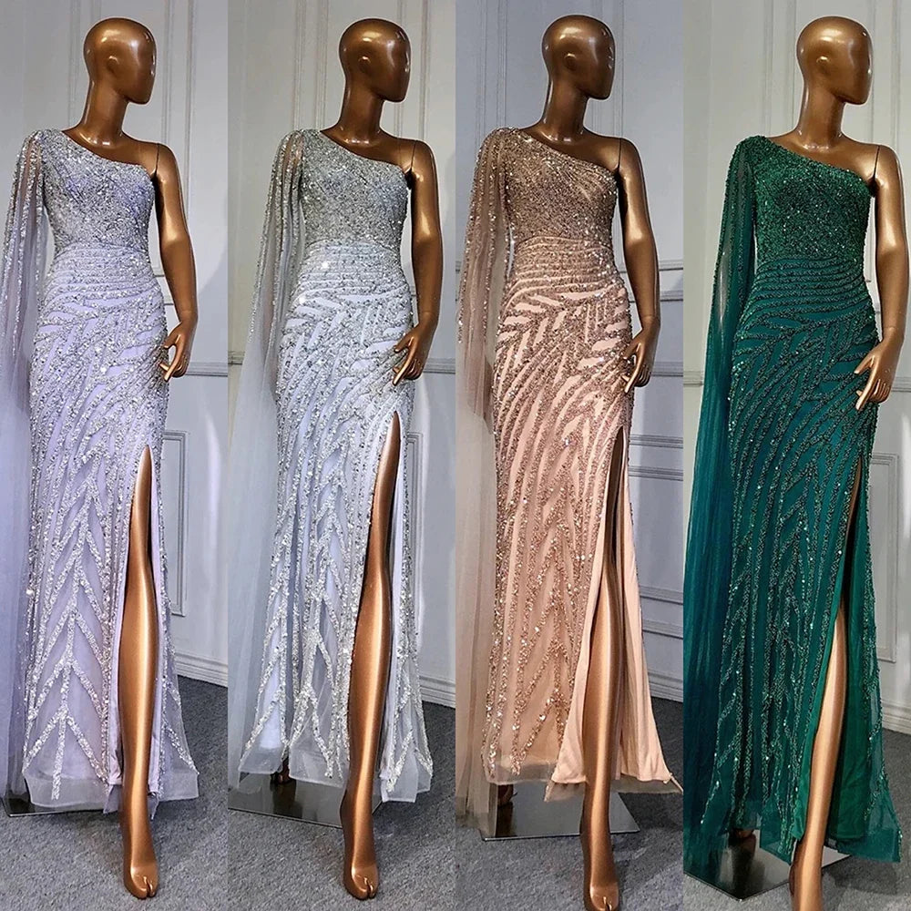 Zapdress Customized Gold Mermaid Beaded One Shoulder Cape Sleeve Evening Dresses Split Elegant Party Gowns For Women (ZD17236)