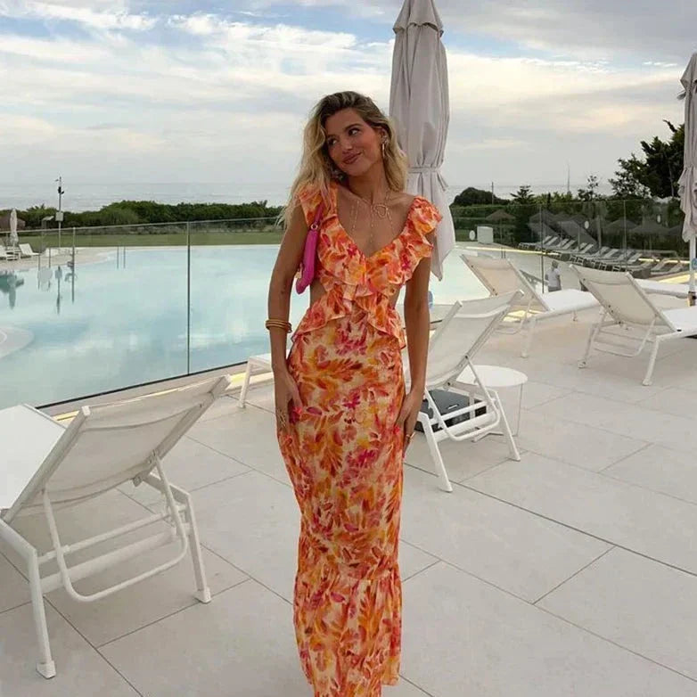 Claudia Aesthetic Fashionable Dress with Flowers in Orange Statement Occasion Edit