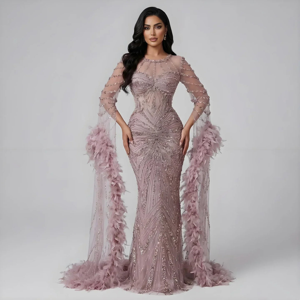 Zapdress Pink Luxury Beaded Mermaid Evening Dress Gowns with Feathers for Formal Occasion Customized DLA72708A (ZD17284) - VelvetHem