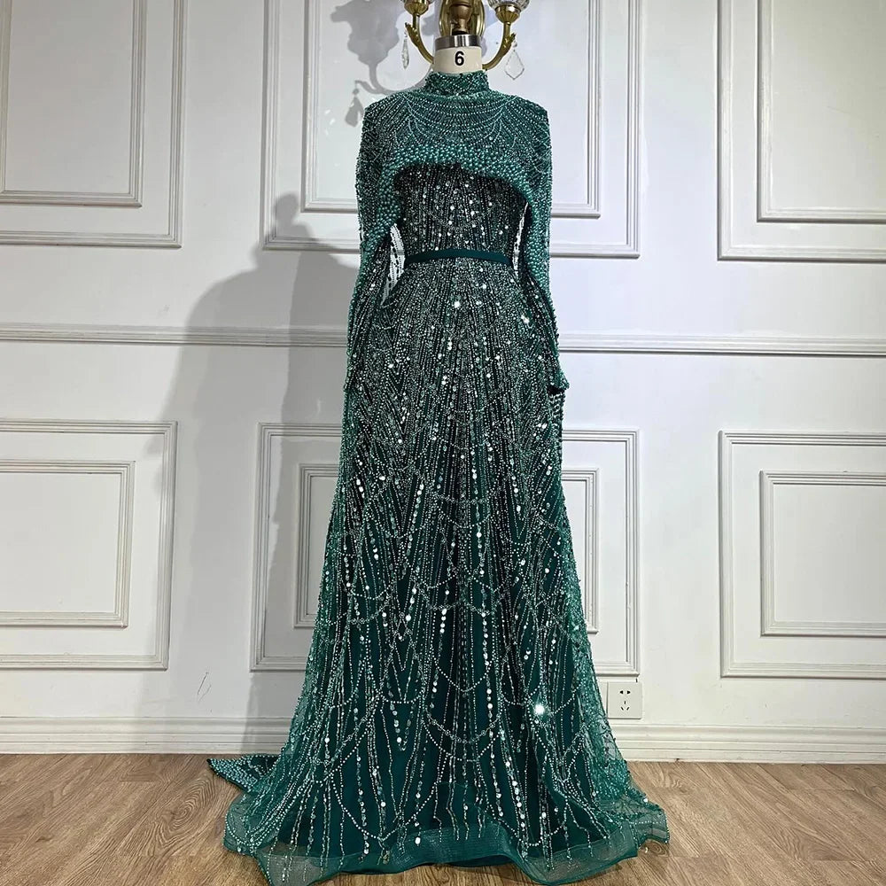 Zapdress Customized Green Long Sleeve A-Line Evening Dresses with Cape Muslim Wedding Party Gowns For Women LA72032B (ZD17241) - VelvetHem