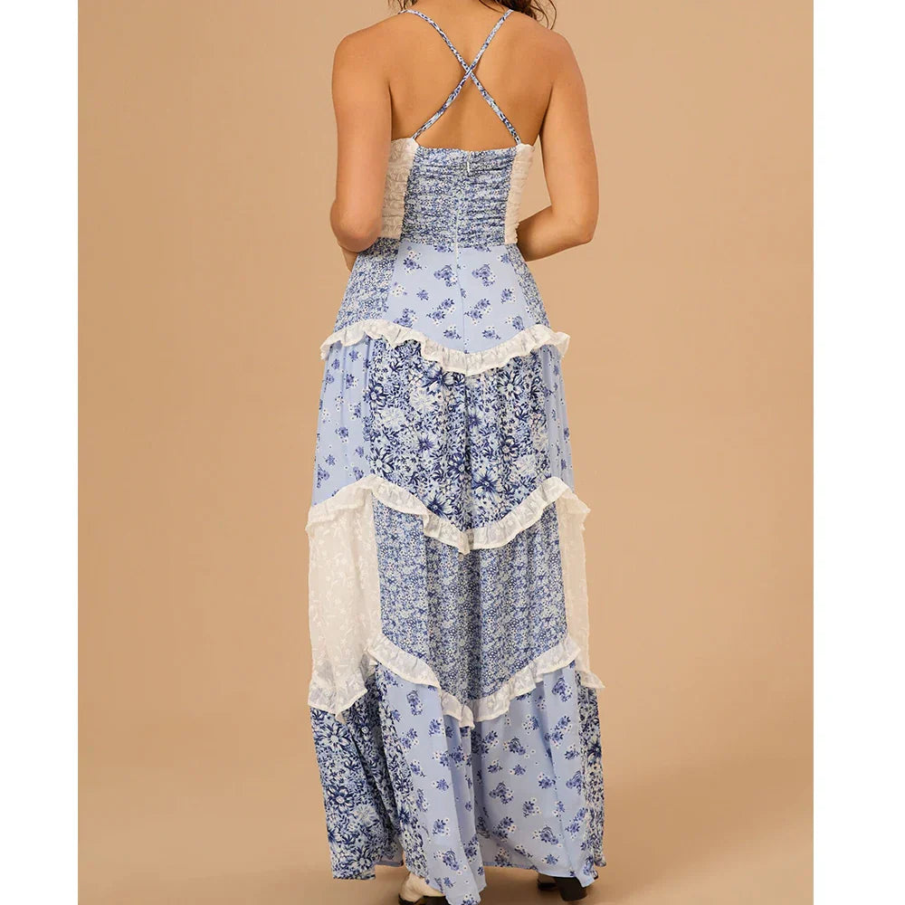 Boho Tie Shoulder Patchwork Floral Dress