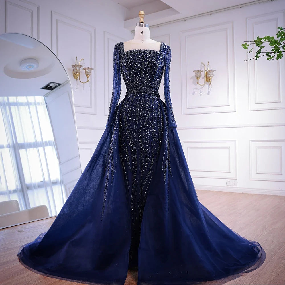 Zapdress Customized Wine red Long Sleeves Mermaid Beaded Evening Dresses with Overskirt Party Gowns for Women (ZD17206)