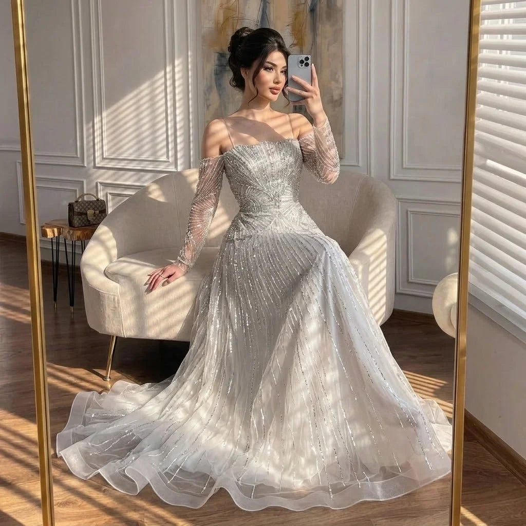 Zapdress Customized Off Shoulder Long Sleeves A-line Prom Dress for Women Formal Wedding Party Evening Gowns (ZD17263)