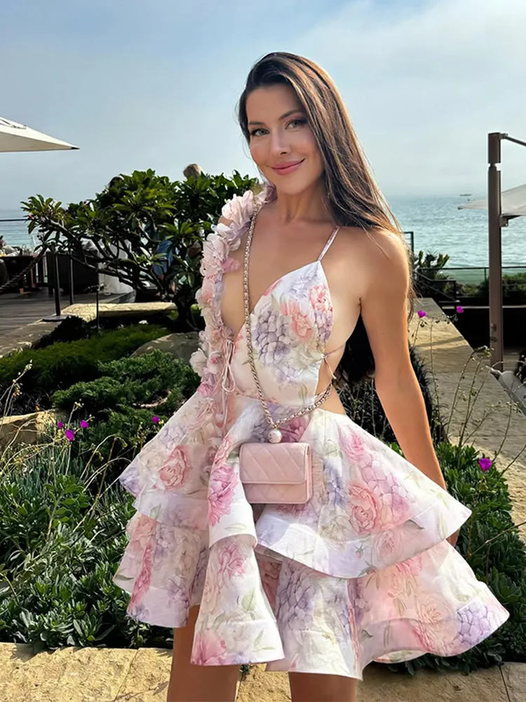 3D Floral Halter Layered V Neck Mini Dress - VelvetHem