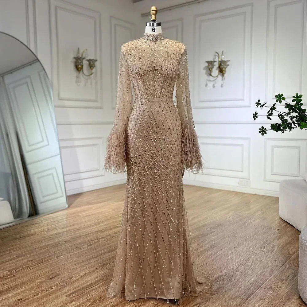 Zapdress Nude High Neck Long Sleeves Feathers Mermaid Beaded Evening Dress Party Gowns for Women DLA72394 Customized (ZD17242) - VelvetHem