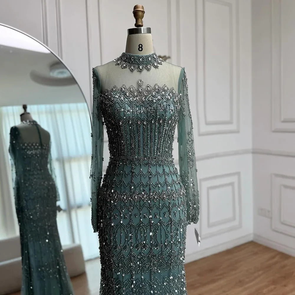 Zapdress High Neck Long Sleeves Beaded Mermaid Evening Dress Muslim Wedding Party Gowns for Women DLA72714C Customized (ZD17264) - VelvetHem
