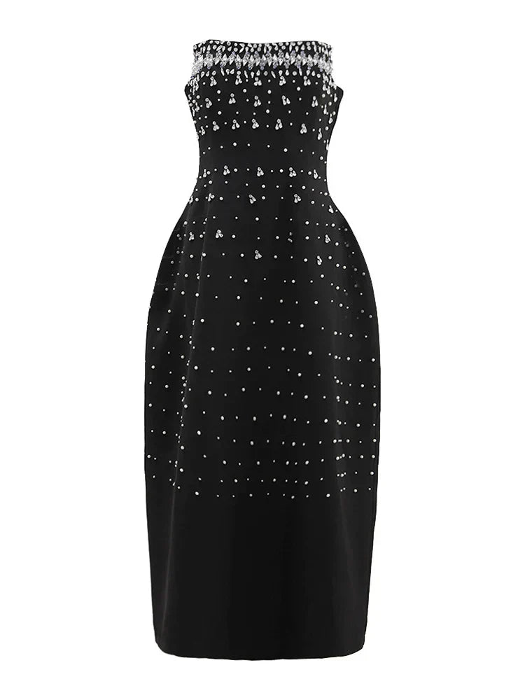 Diamonds Black Crystal Pearl Mini Midi Dress