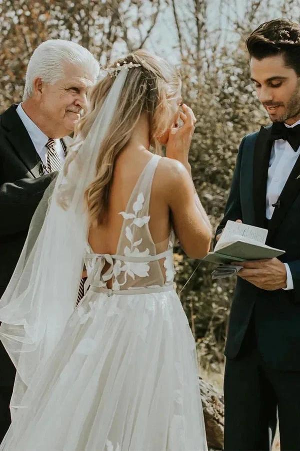 See Through Lace Ivory Tulle V-neck V-back Beach Wedding Dresses (ZD16363)