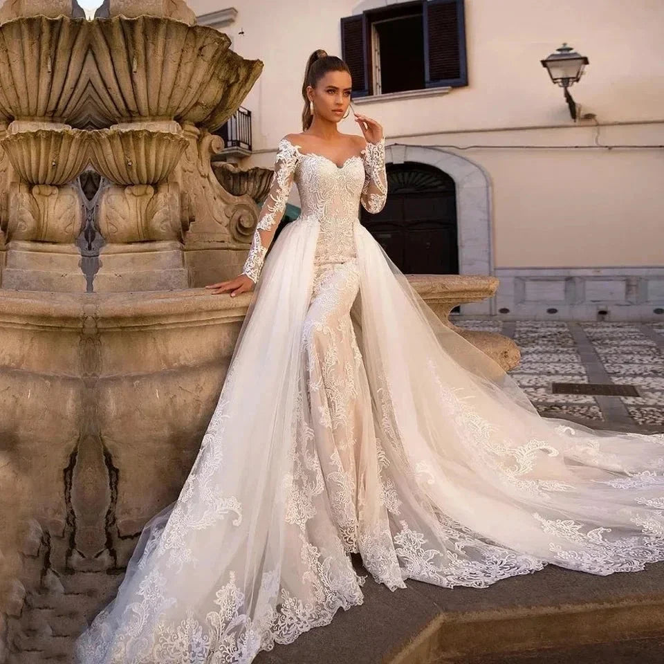 Detachable Train Mermaid Long Sleeves Wedding Dresses Lace Robe De Mariée Vestido De Noiva by payinti