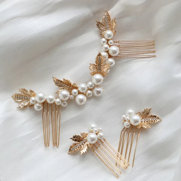 Pearl Crystal Hair Comb Pin Vintage Gold Color Head Piece For Brides Women Leaf Hairpins Wedding Accessories Bridal Jewelry