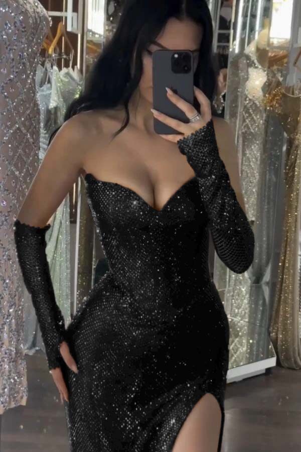 Sequin Strapless Long Mermaid Evening Formal Dress With Split Detachable sleeves