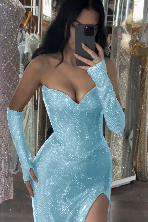 Sequin Strapless Long Mermaid Evening Formal Dress With Split Detachable sleeves