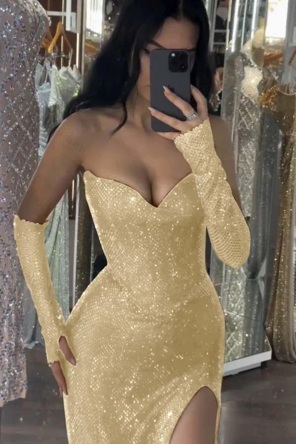 Sequin Strapless Long Mermaid Evening Formal Dress With Split Detachable sleeves