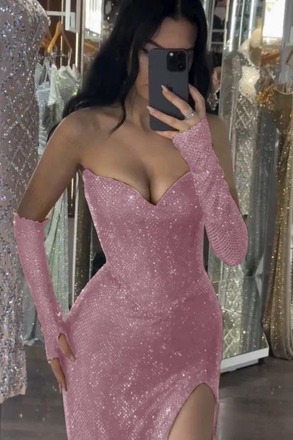 Sequin Strapless Long Mermaid Evening Formal Dress With Split Detachable sleeves
