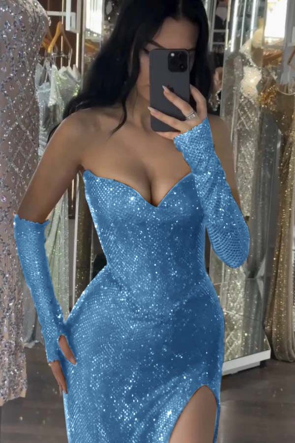 Sequin Strapless Long Mermaid Evening Formal Dress With Split Detachable sleeves