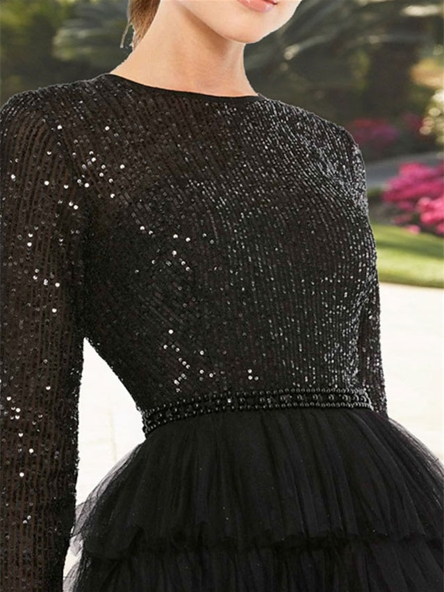 Sequin Tiered Tea Length A Line Dress with Jewel Neckline and Long Sleeves for the Mother of the Bride