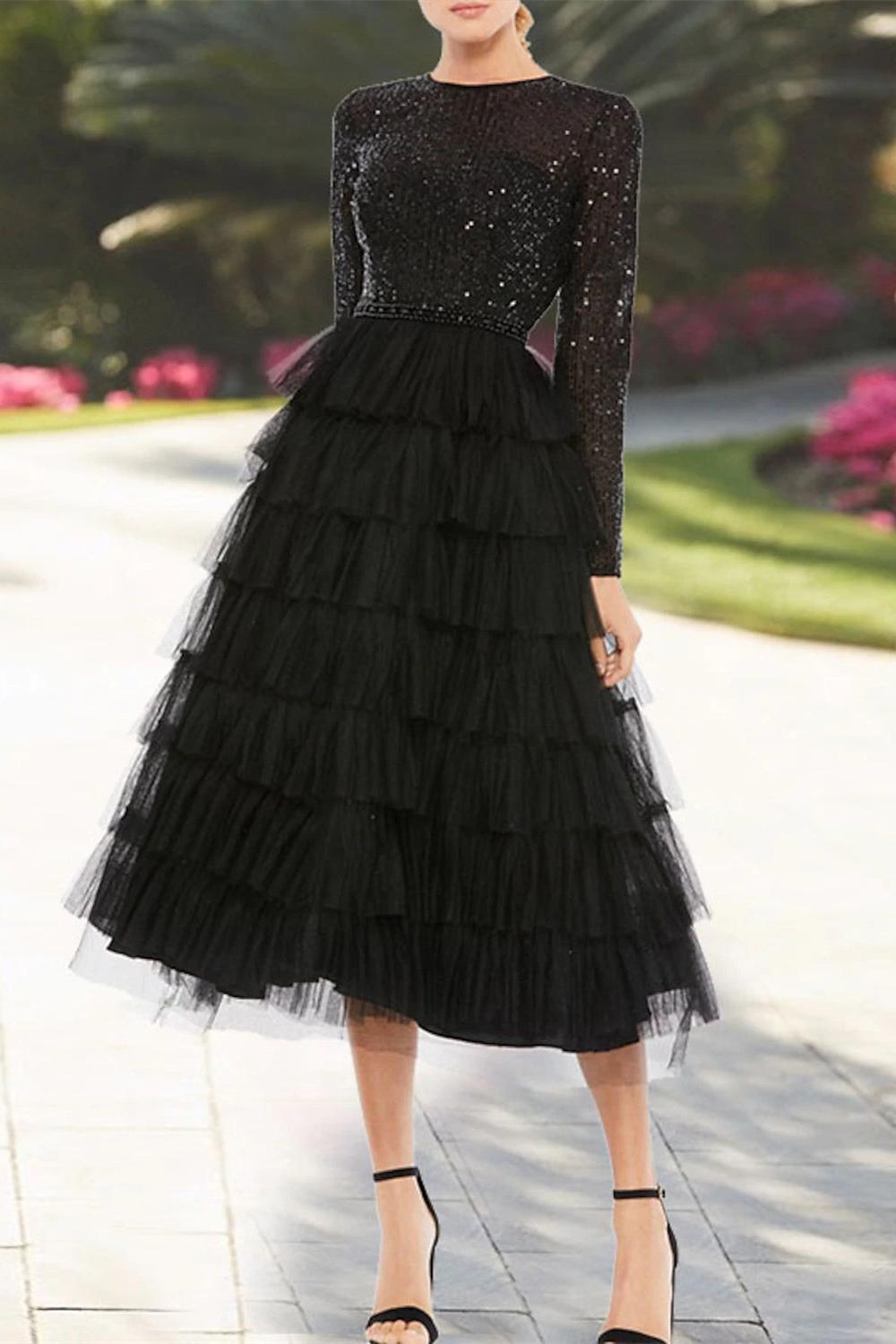 Sequin Tiered Tea Length A Line Dress with Jewel Neckline and Long Sleeves for the Mother of the Bride