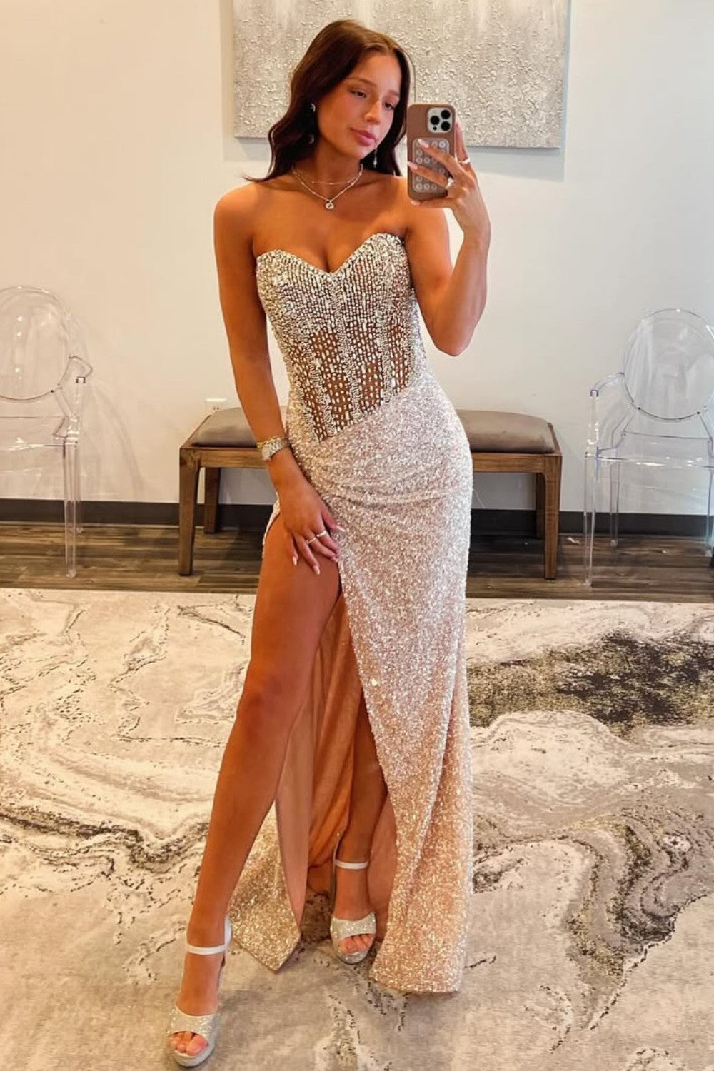 Sparkly Mermaid Sweetheart Champagne Corset Prom Dress with Beading - View 4 | VelvetHem