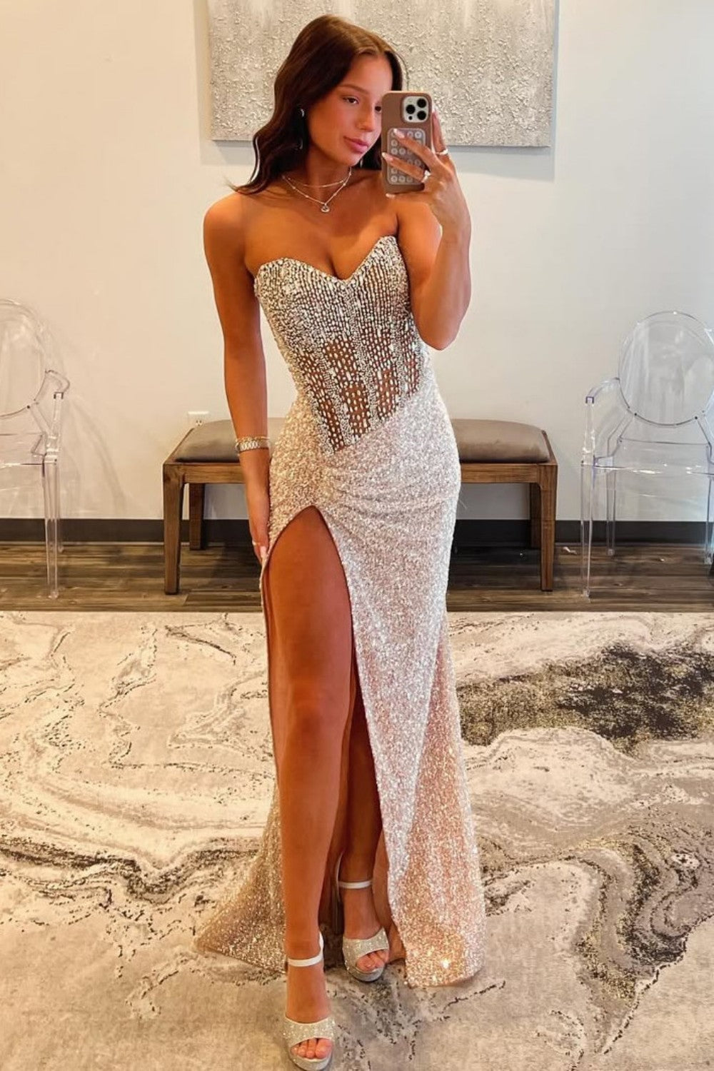 Sparkly Mermaid Sweetheart Champagne Corset Prom Dress with Beading
