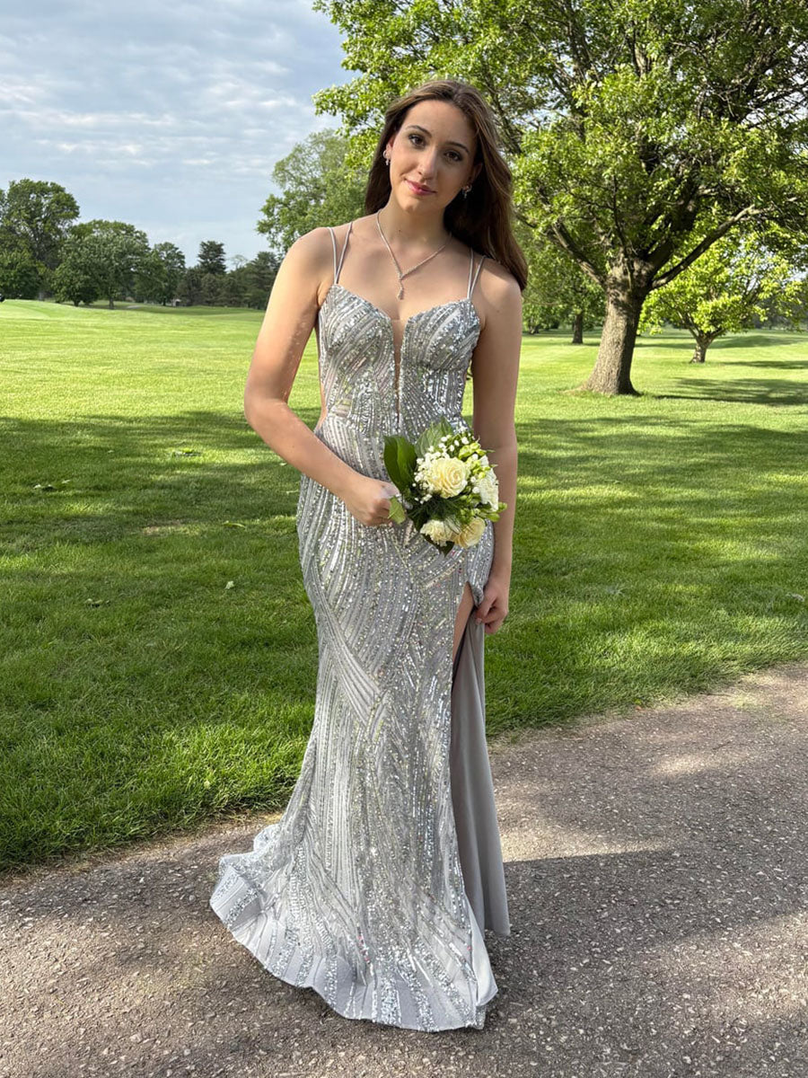 Sequin Pattern Plunging V-Neck Prom Dress with Slit - VelvetHem