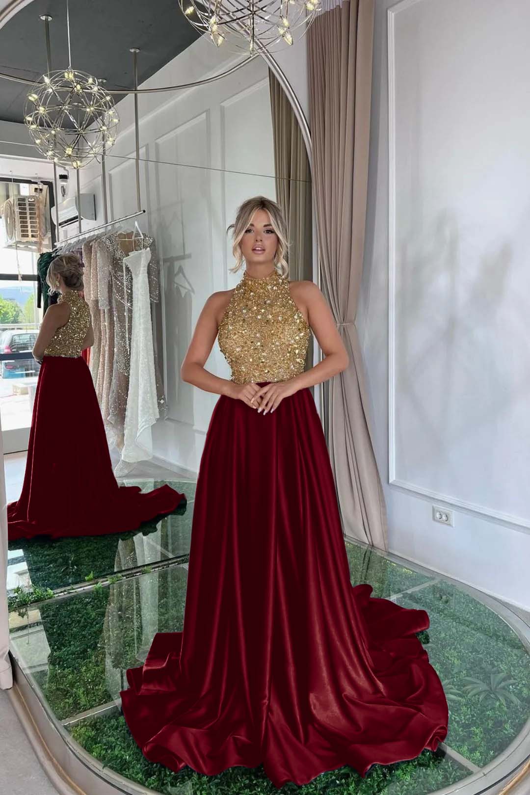 Sequined Evening Formal Dress Gold Long Sleeve Black Prom Dress