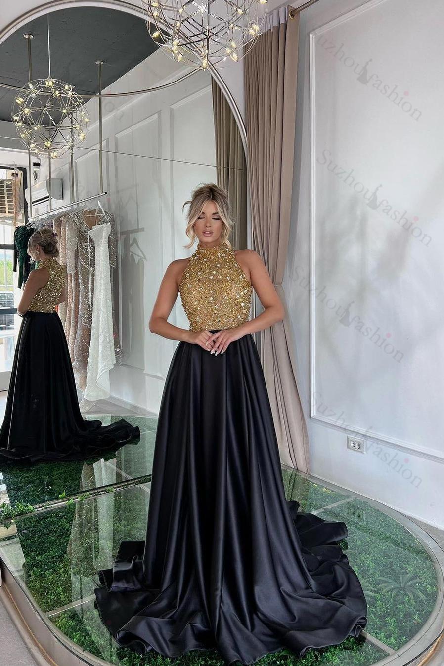 Sequined Evening Formal Dress Gold Long Sleeve Black Prom Dress