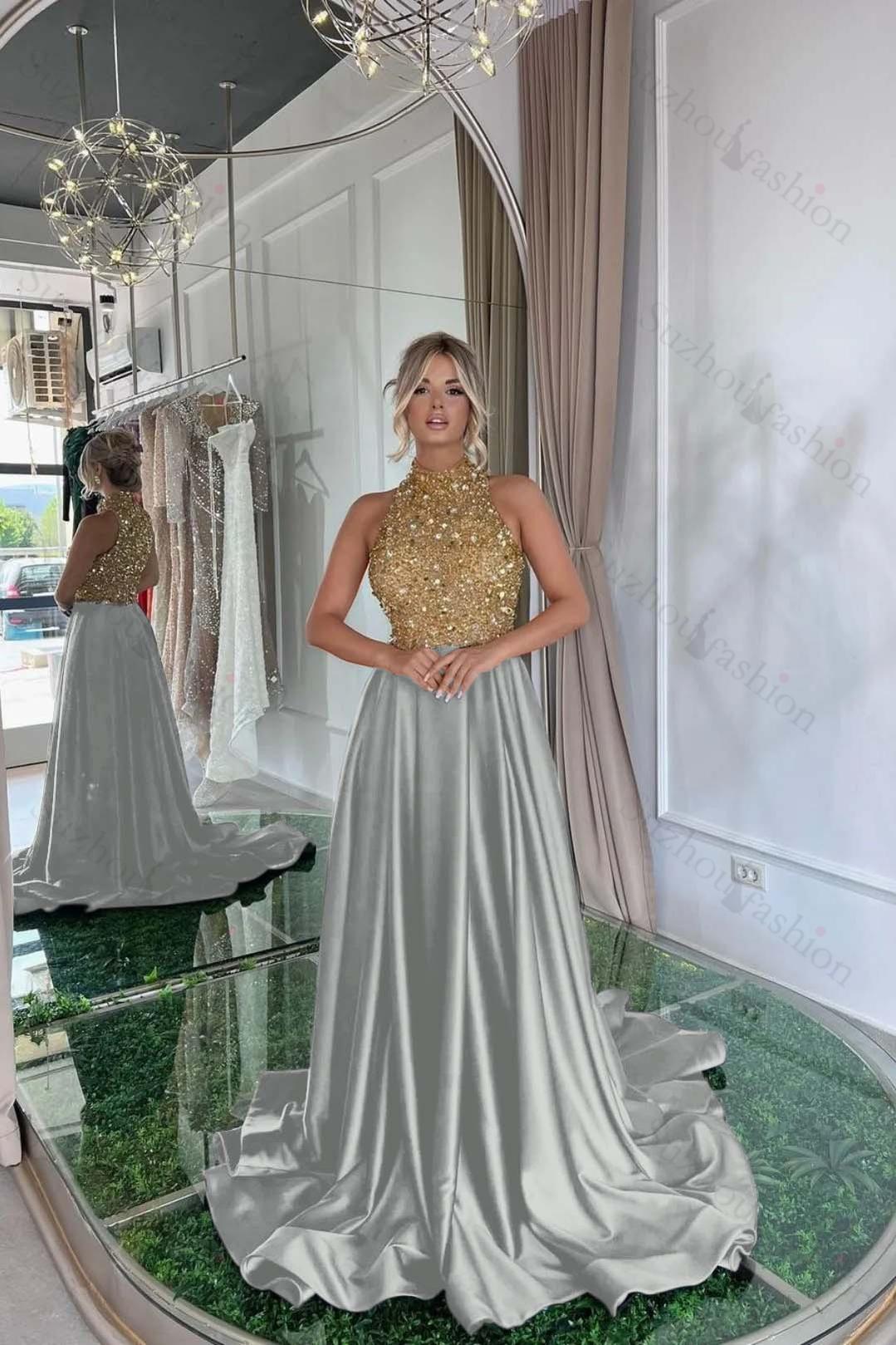 Sequined Evening Formal Dress Gold Long Sleeve Black Prom Dress
