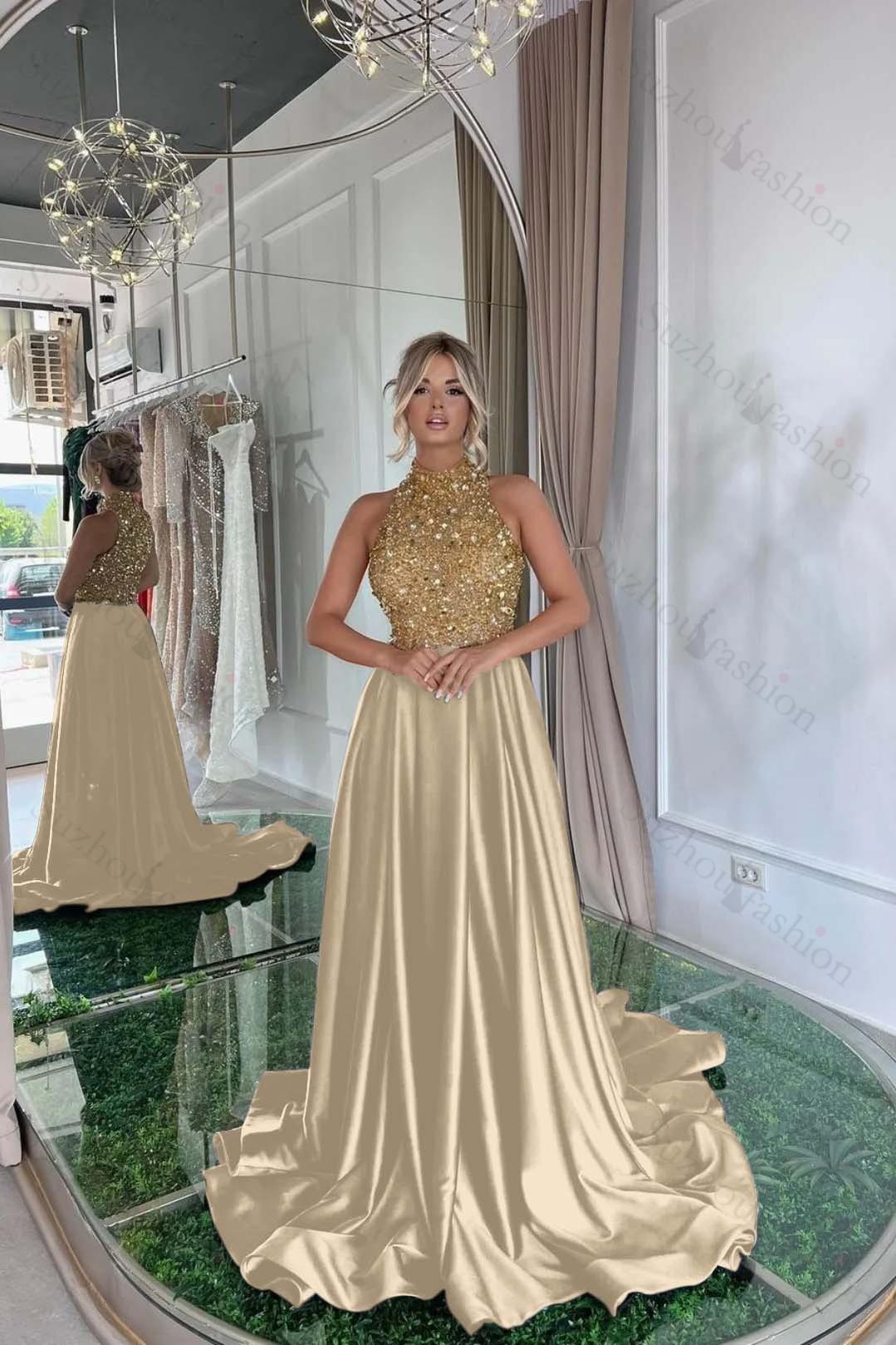 Sequined Evening Formal Dress Gold Long Sleeve Black Prom Dress