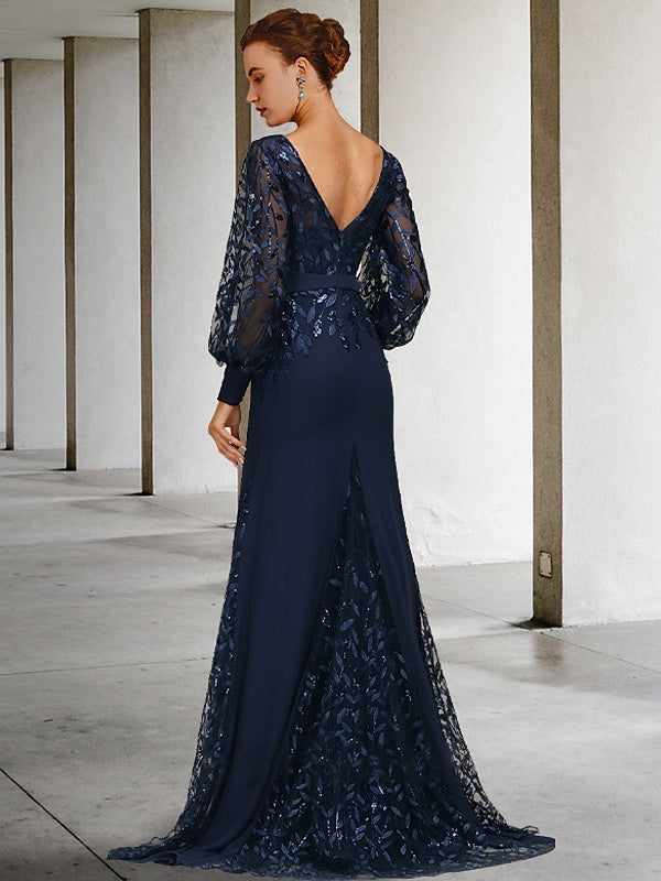 Sequined Long Mother of the Bride Dress with Scoop Neck and Long Sleeves