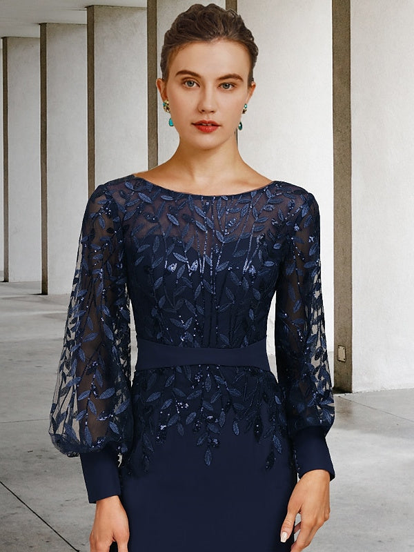 Sequined Long Mother of the Bride Dress with Scoop Neck and Long Sleeves
