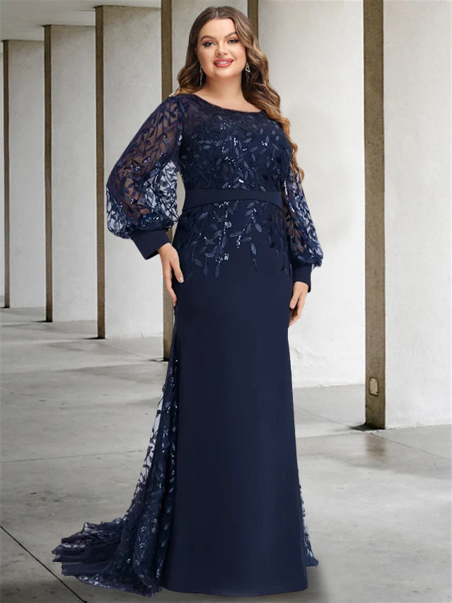 Sequined Long Mother of the Bride Dress with Scoop Neck and Long Sleeves