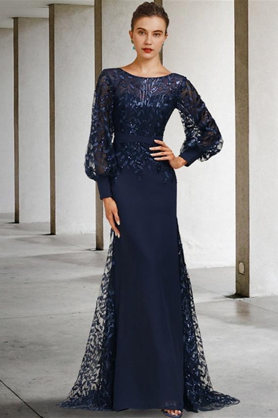 Sequined Long Mother of the Bride Dress with Scoop Neck and Long Sleeves