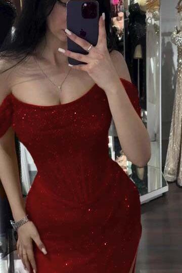 Sequined Off the Shoulder Sleeveless Long Evening Formal Dress With Split