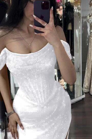 Sequined Off the Shoulder Sleeveless Long Evening Formal Dress With Split
