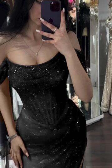 Sequined Off the Shoulder Sleeveless Long Evening Formal Dress With Split