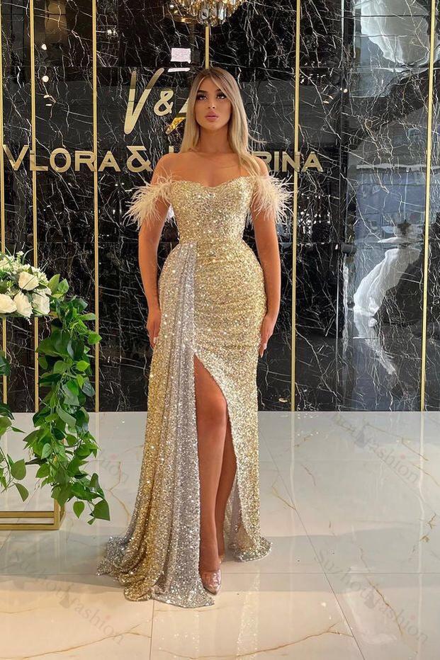 Sequined Off the Shoulder Strapless Mermaid Evening Formal Dress Split With Ruffled