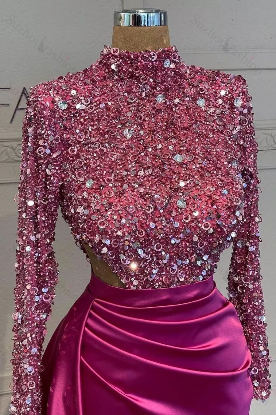 Sequined Prom Dress High Neck Long Sleeves Fuchsia Pleated Long Evening Formal Dress With Split