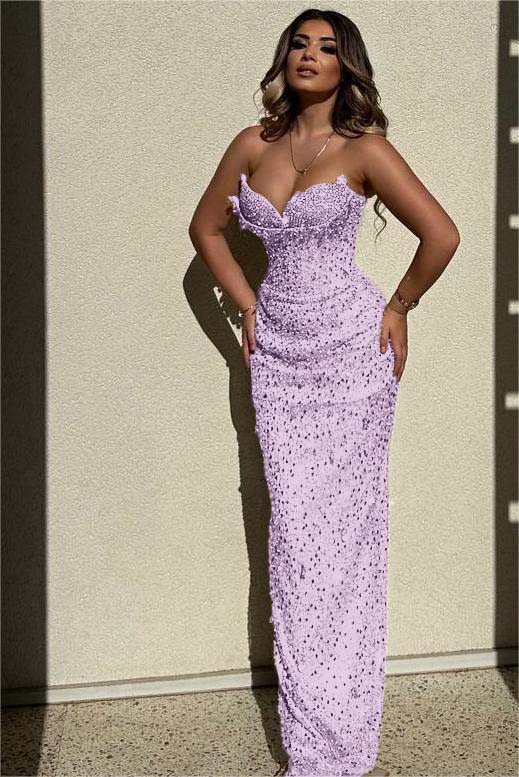 Sequined Strapless Sleeveless High Waist Long Evening Formal Dress With Beadings