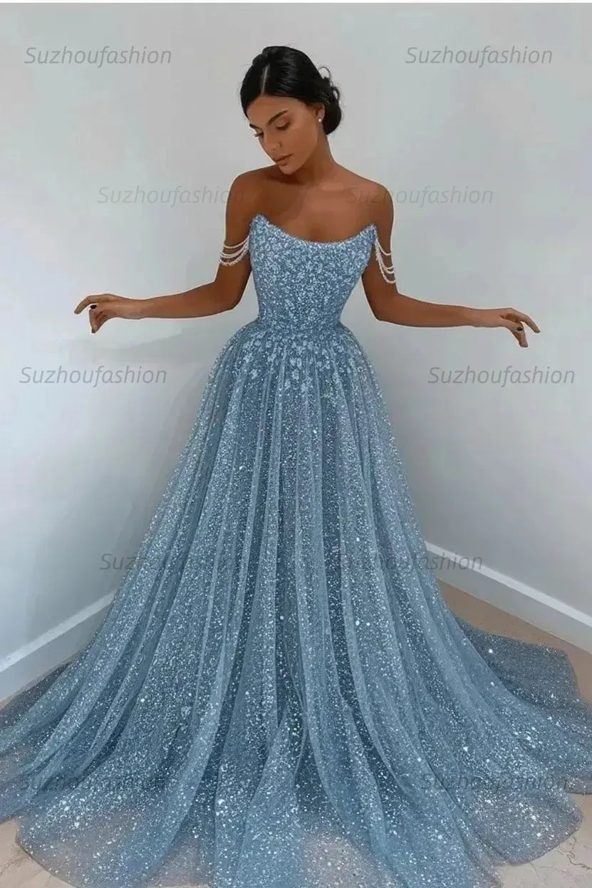 Elegant Sleeveless Blue Lace Prom Dress Long