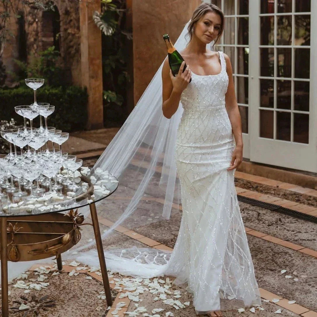 Sequins Mermaid Wedding Dresses 2023 Women's Modern Square Neck Sleeveless Bridal Gowns Satin Tulle Vesidos De Novia Robe De (ZD14177)