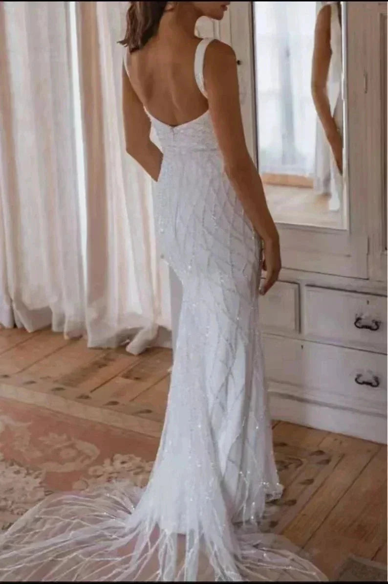 Sequins Mermaid Wedding Dresses 2023 Women's Modern Square Neck Sleeveless Bridal Gowns Satin Tulle Vesidos De Novia Robe De (ZD14177)