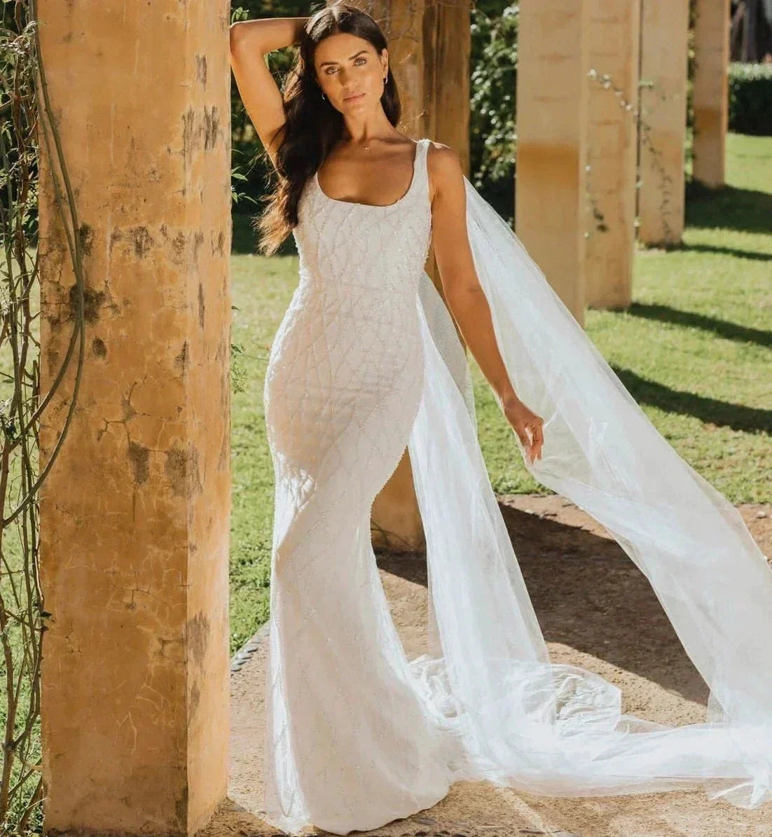 Sequins Mermaid Wedding Dresses 2023 Women's Modern Square Neck Sleeveless Bridal Gowns Satin Tulle Vesidos De Novia Robe De (ZD14177) - VelvetHem